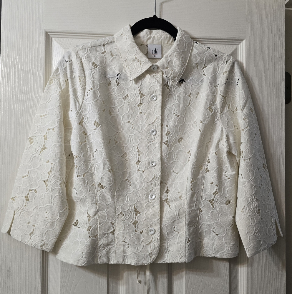 CAbi Portrait Ivory Lace Floral Jacket, Size M